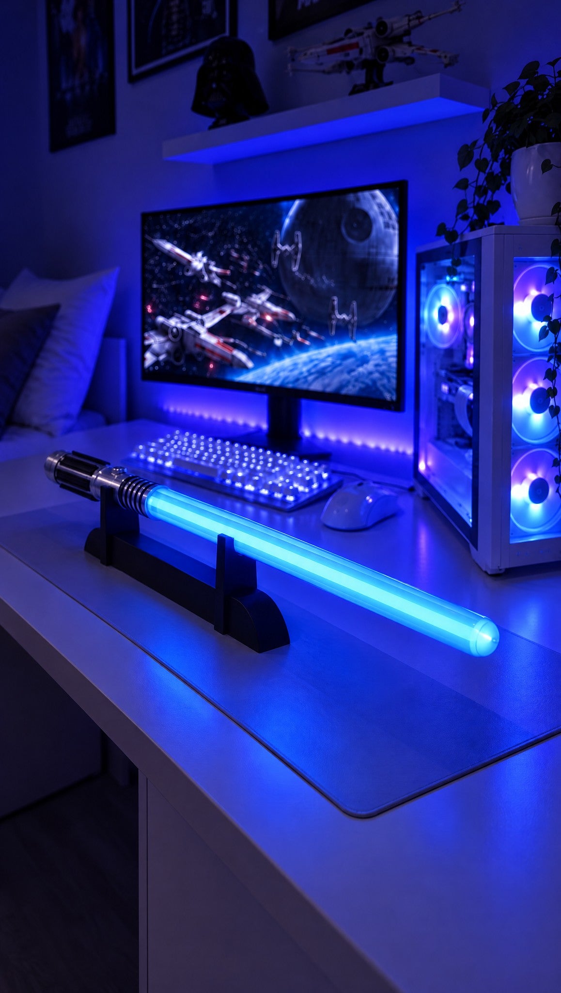 MistyBlade mist saber glowing on a gaming desk