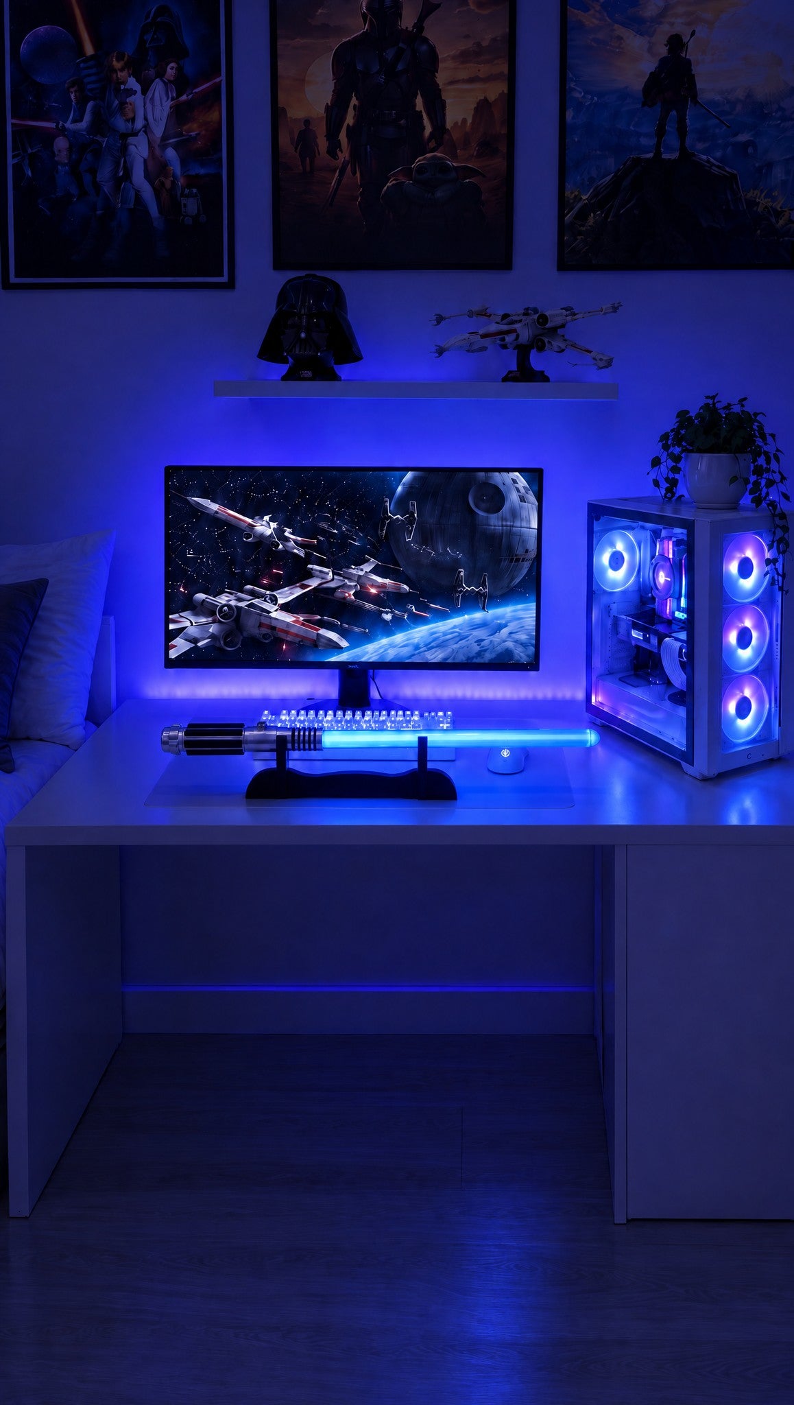 MistyBlade mist saber glowing on a gaming desk